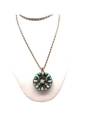 Vintage Turquoise Confetti Lucite Pendant Medallion Set in Silver Tone Ornate